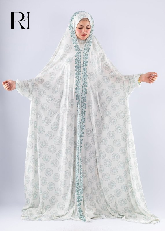 Elegant Floral Satin Prayer Gown Extended Coverage - Ruehaya