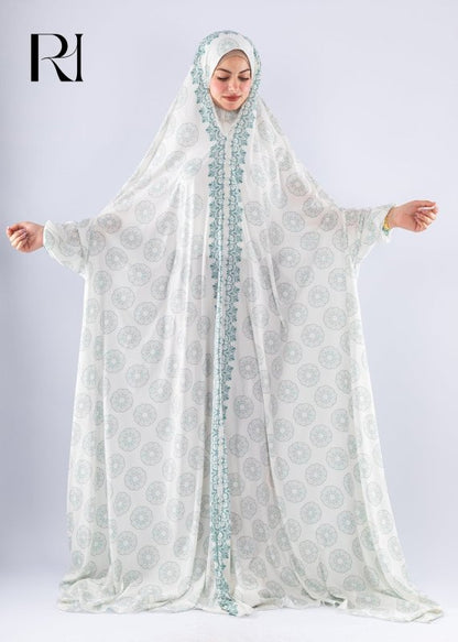 Elegant Floral Satin Prayer Gown Extended Coverage - Ruehaya