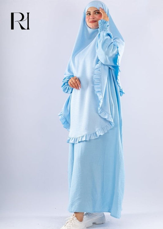 Elegant Light Blue Two Piece Prayer Set with Ruffles - Ruehaya
