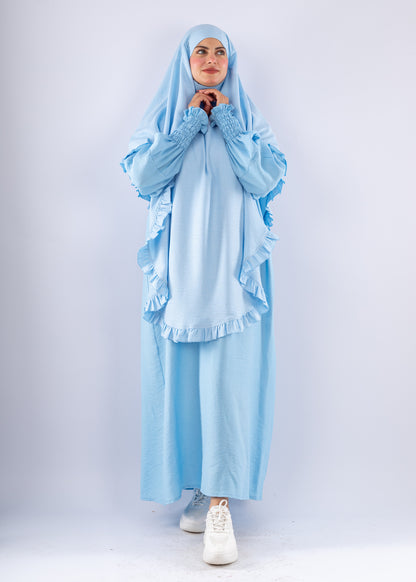 Elegant Light Blue Two Piece Prayer Set with Ruffles - Ruehaya