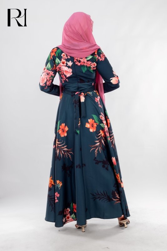 Elegant modest Floral Satin Maxi Dress with detachable belt - Ruehaya