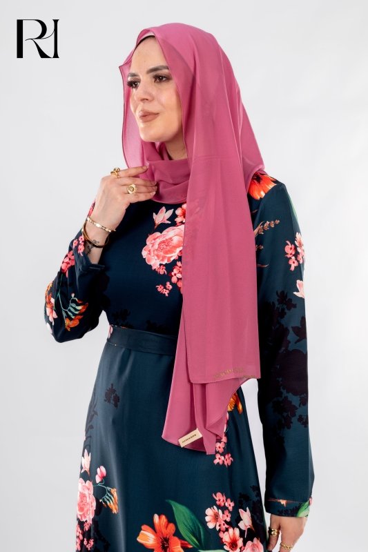 Elegant modest Floral Satin Maxi Dress with detachable belt - Ruehaya
