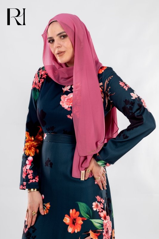 Elegant modest Floral Satin Maxi Dress with detachable belt - Ruehaya