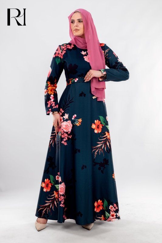 Elegant modest Floral Satin Maxi Dress with detachable belt - Ruehaya
