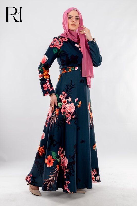 Elegant modest Floral Satin Maxi Dress with detachable belt - Ruehaya