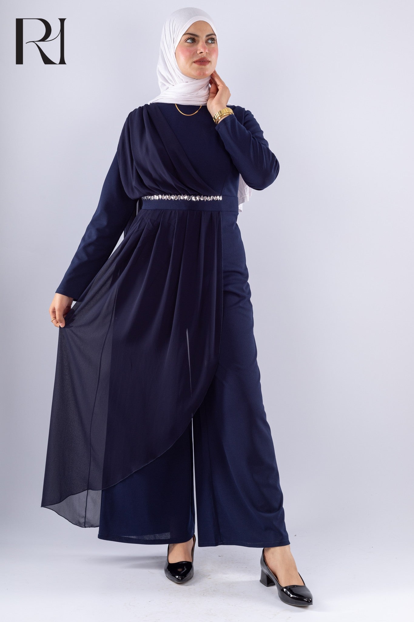 Elegant Navy Blue Modest Jumpsuit with Chiffon Overlay - Ruehaya