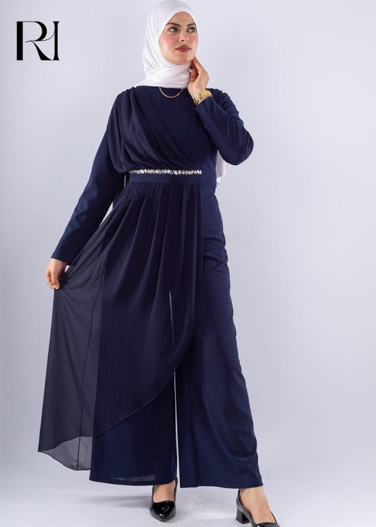 Elegant Navy Blue Modest Jumpsuit with Chiffon Overlay - Ruehaya