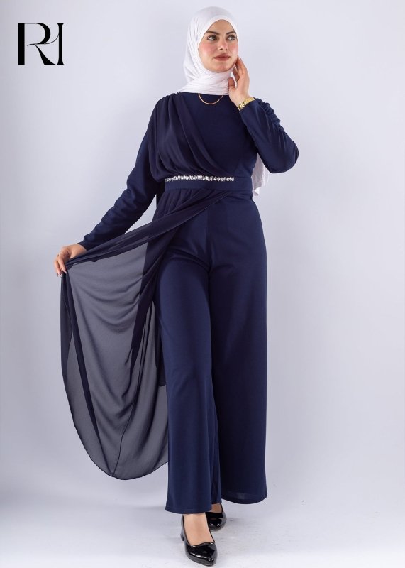 Elegant Navy Blue Modest Jumpsuit with Chiffon Overlay - Ruehaya