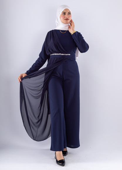 Elegant Navy Blue Modest Jumpsuit with Chiffon Overlay - Ruehaya
