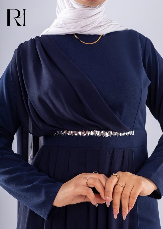 Elegant Navy Blue Modest Jumpsuit with Chiffon Overlay - Ruehaya