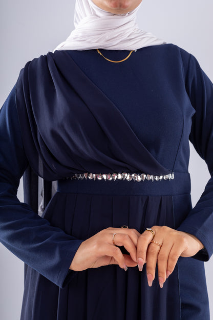 Elegant Navy Blue Modest Jumpsuit with Chiffon Overlay - Ruehaya
