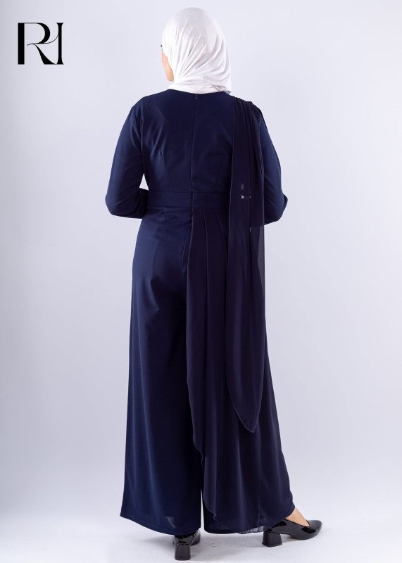 Elegant Navy Blue Modest Jumpsuit with Chiffon Overlay - Ruehaya