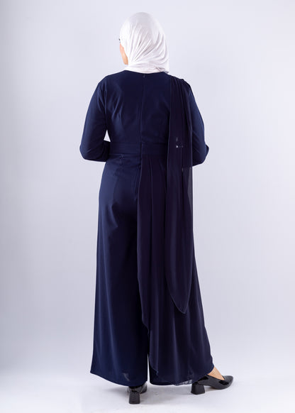 Elegant Navy Blue Modest Jumpsuit with Chiffon Overlay - Ruehaya