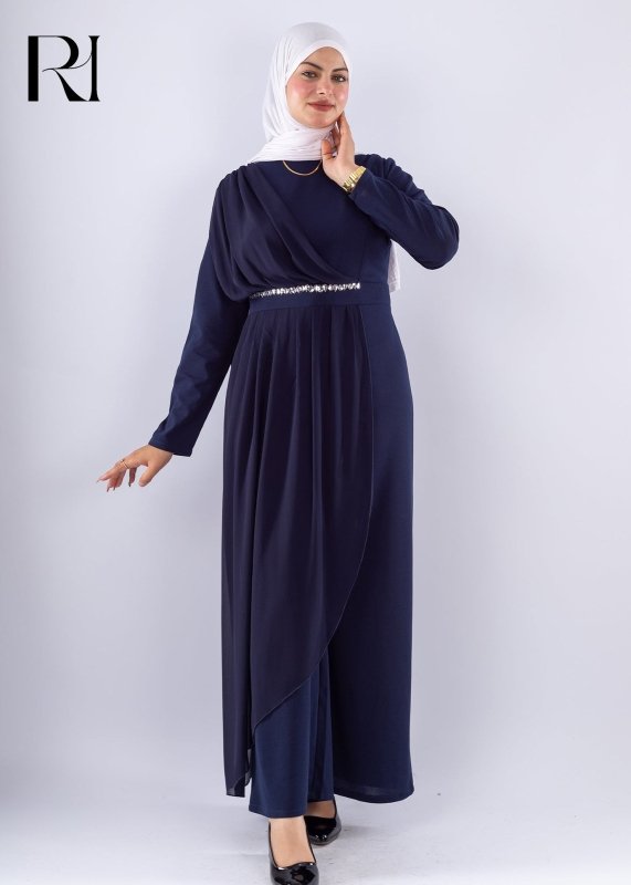 Elegant Navy Blue Modest Jumpsuit with Chiffon Overlay - Ruehaya