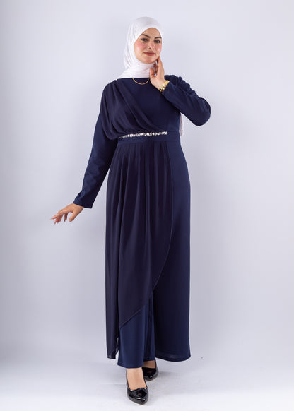 Elegant Navy Blue Modest Jumpsuit with Chiffon Overlay - Ruehaya