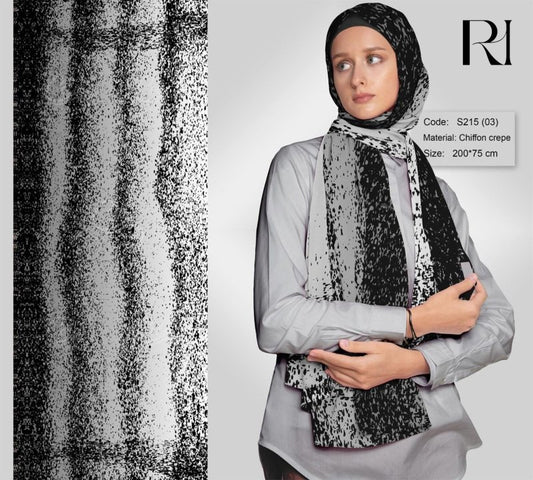 Elegant Printed Black and Gray Chiffon Hijab - Ruehaya