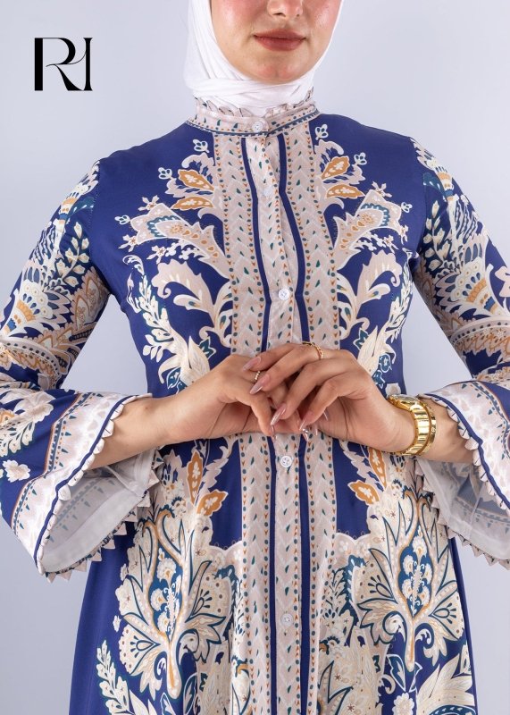 Elegant Royal Blue Floral Satin Modest Dress - Ruehaya