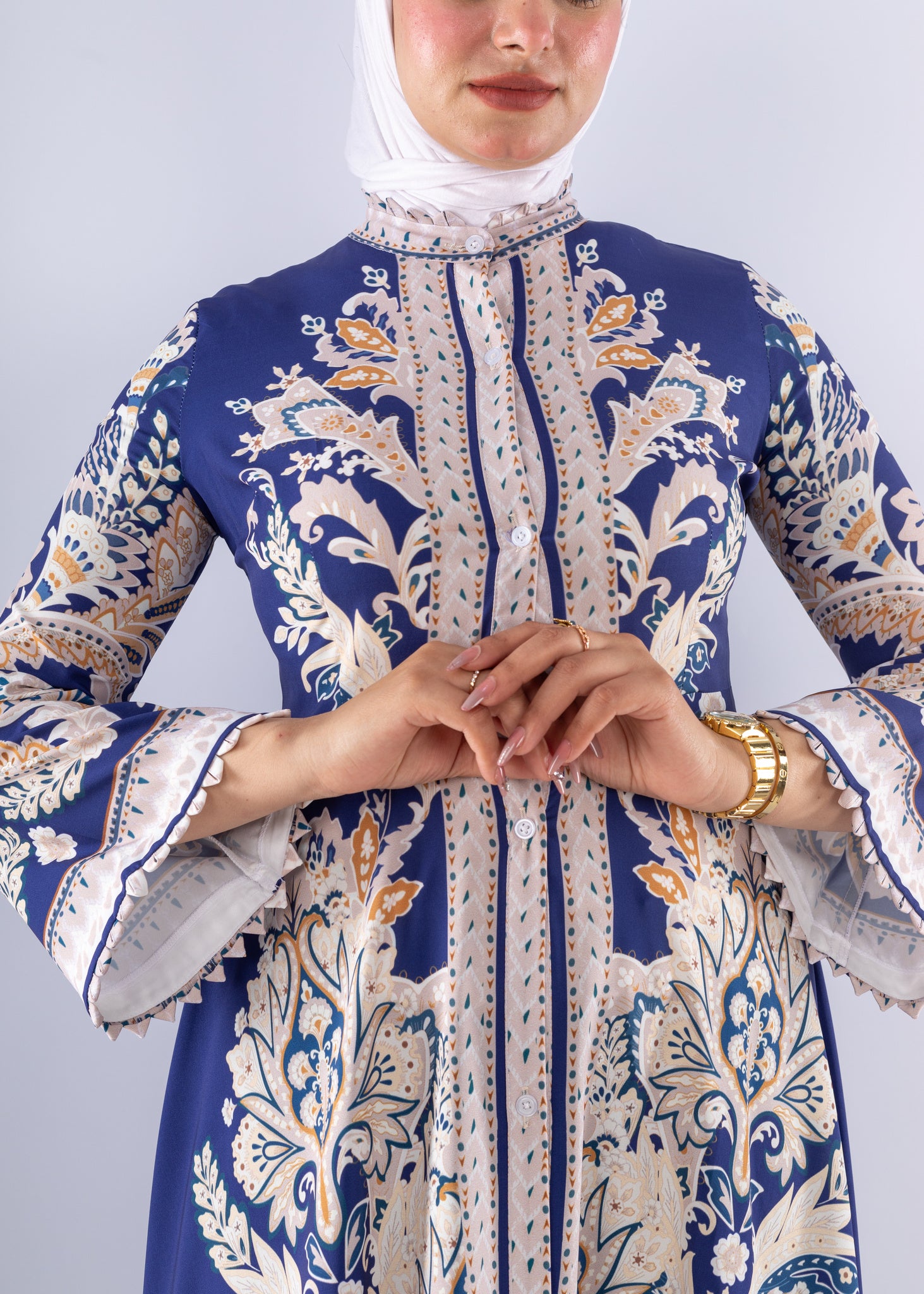 Elegant Royal Blue Floral Satin Modest Dress - Ruehaya