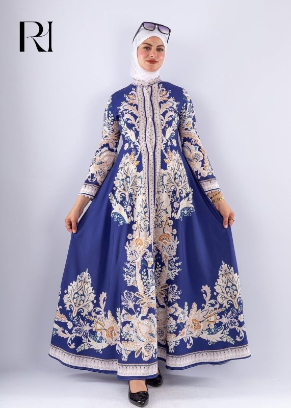 Elegant Royal Blue Floral Satin Modest Dress - Ruehaya
