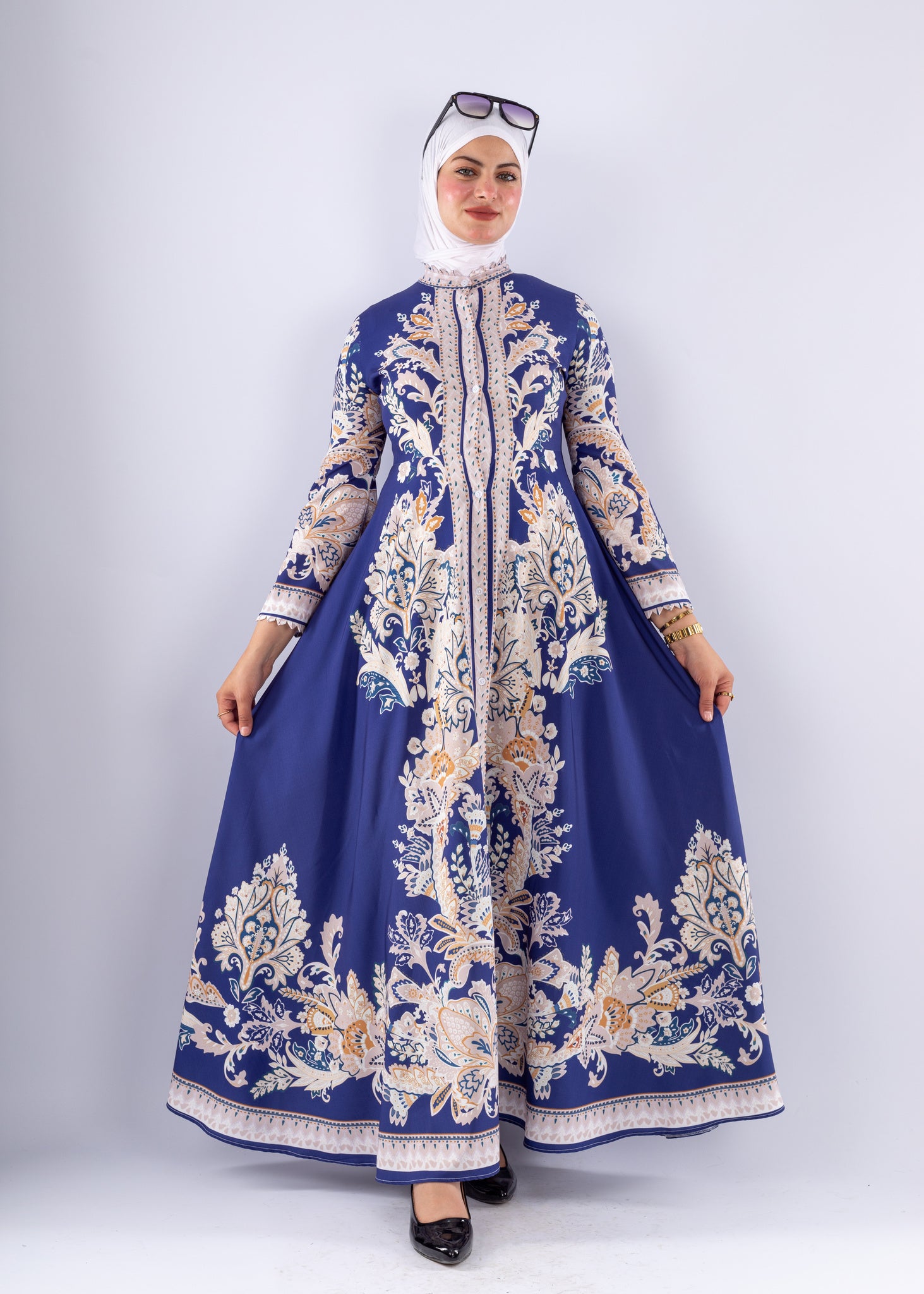 Elegant Royal Blue Floral Satin Modest Dress - Ruehaya