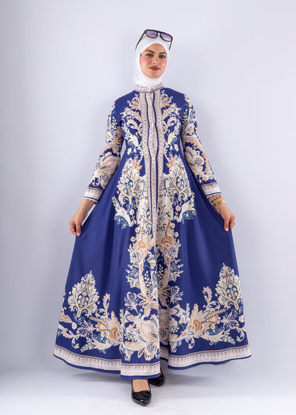 Elegant Royal Blue Floral Satin Modest Dress - Ruehaya