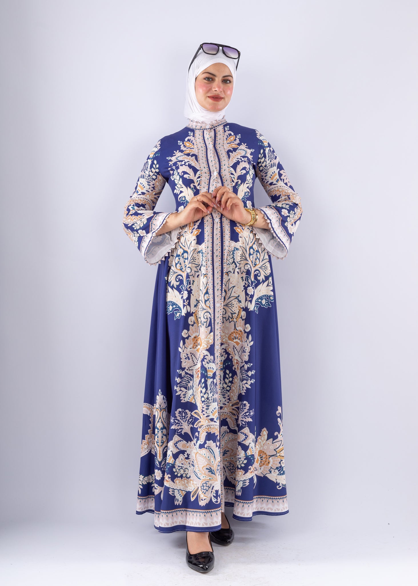 Elegant Royal Blue Floral Satin Modest Dress - Ruehaya