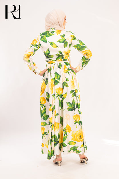 Elena Lemon Rose Garden Print Maxi Dress - Ruehaya