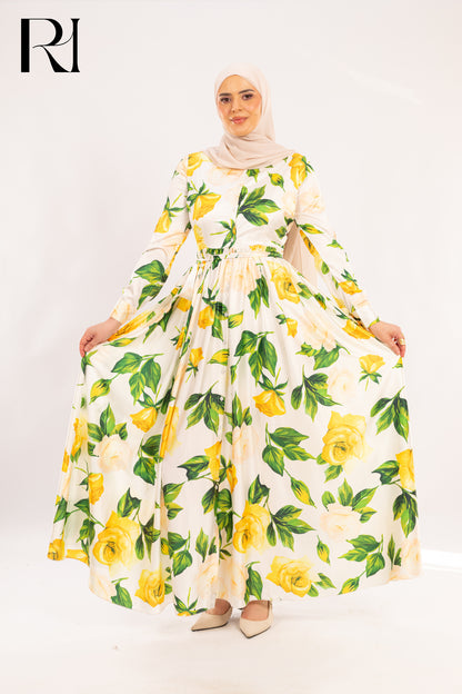 Elena Lemon Rose Garden Print Maxi Dress - Ruehaya