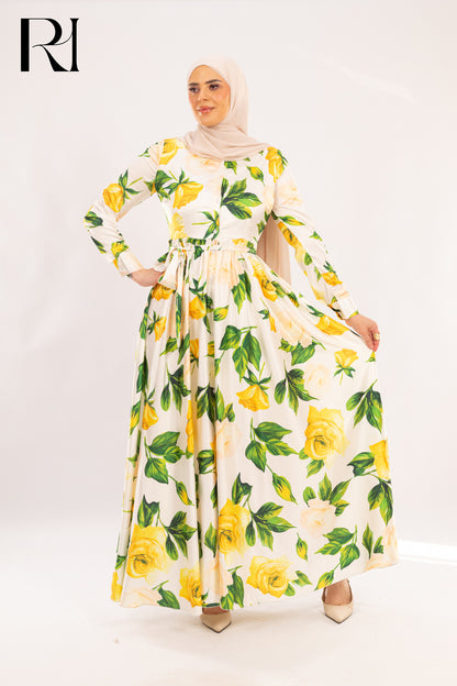 Elena Lemon Rose Garden Print Maxi Dress - Ruehaya