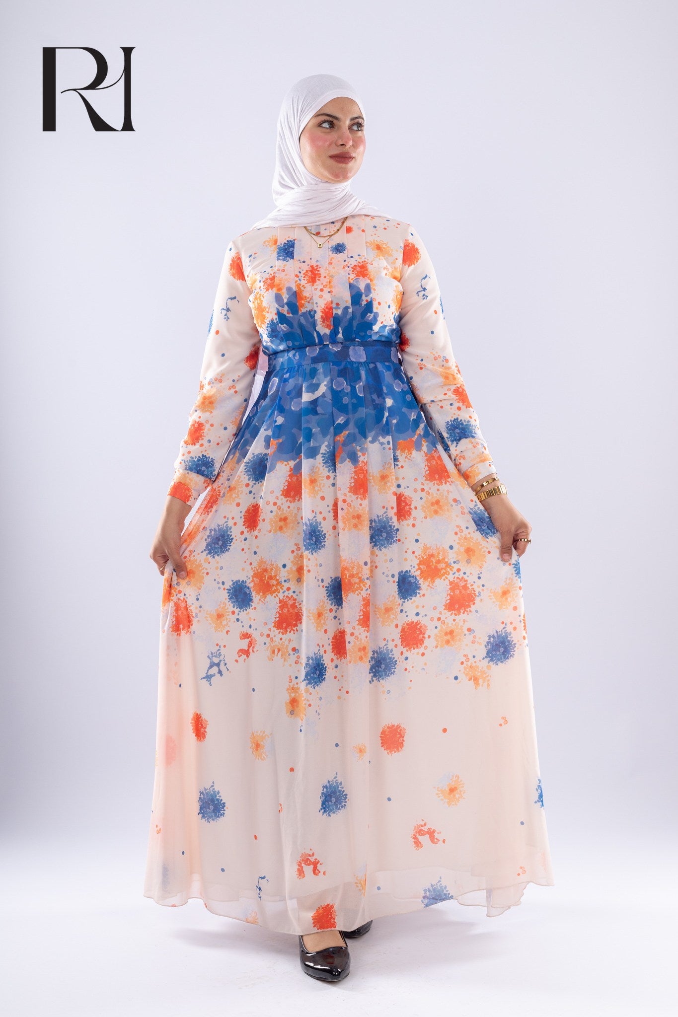 Farah Floral Print Maxi Dress with Blue Accents - Ruehaya