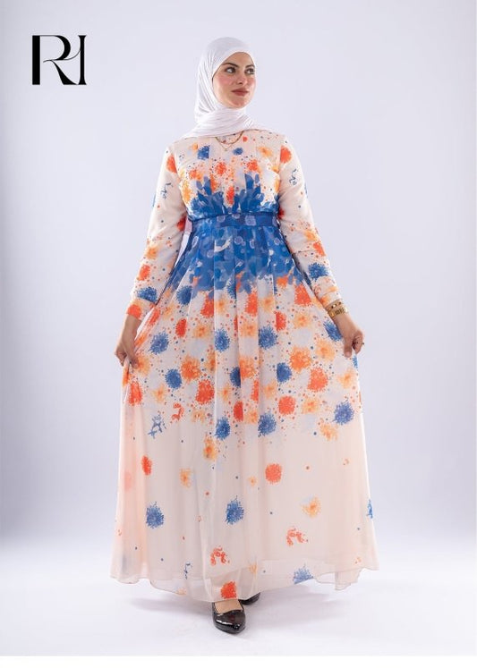 Farah Floral Print Maxi Dress with Blue Accents - Ruehaya