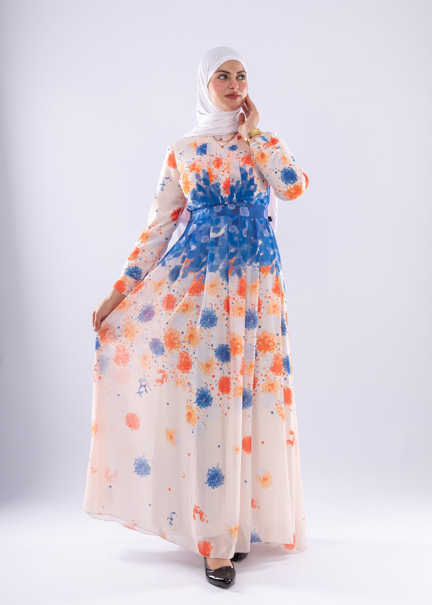 Farah Floral Print Maxi Dress with Blue Accents - Ruehaya