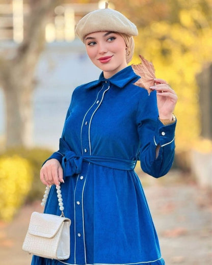 Farida Blue Button Down Maxi Dress with Tie Waist - Ruehaya