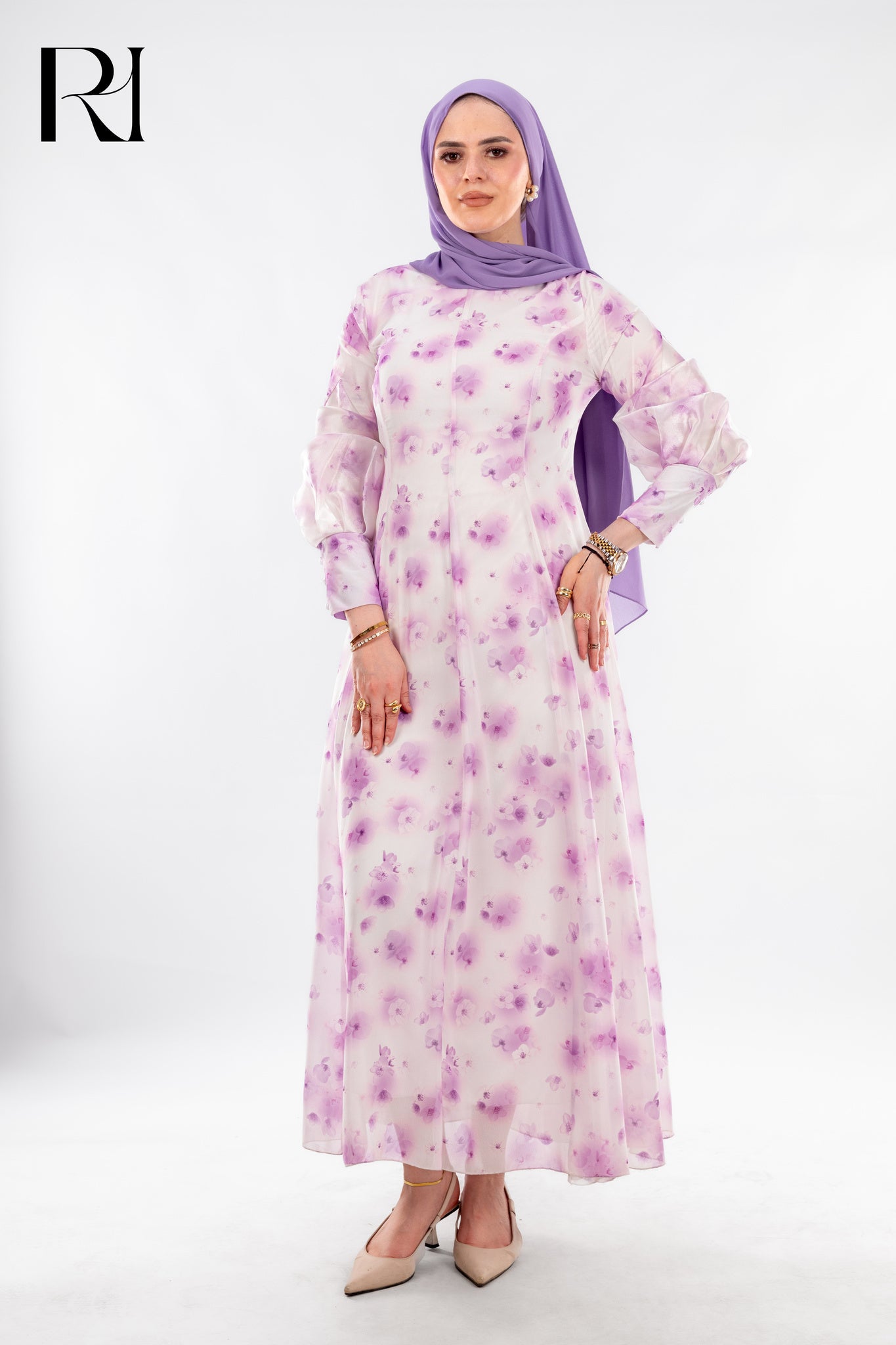 Fatima Floral Chiffon Maxi Dress with High Neck - Ruehaya