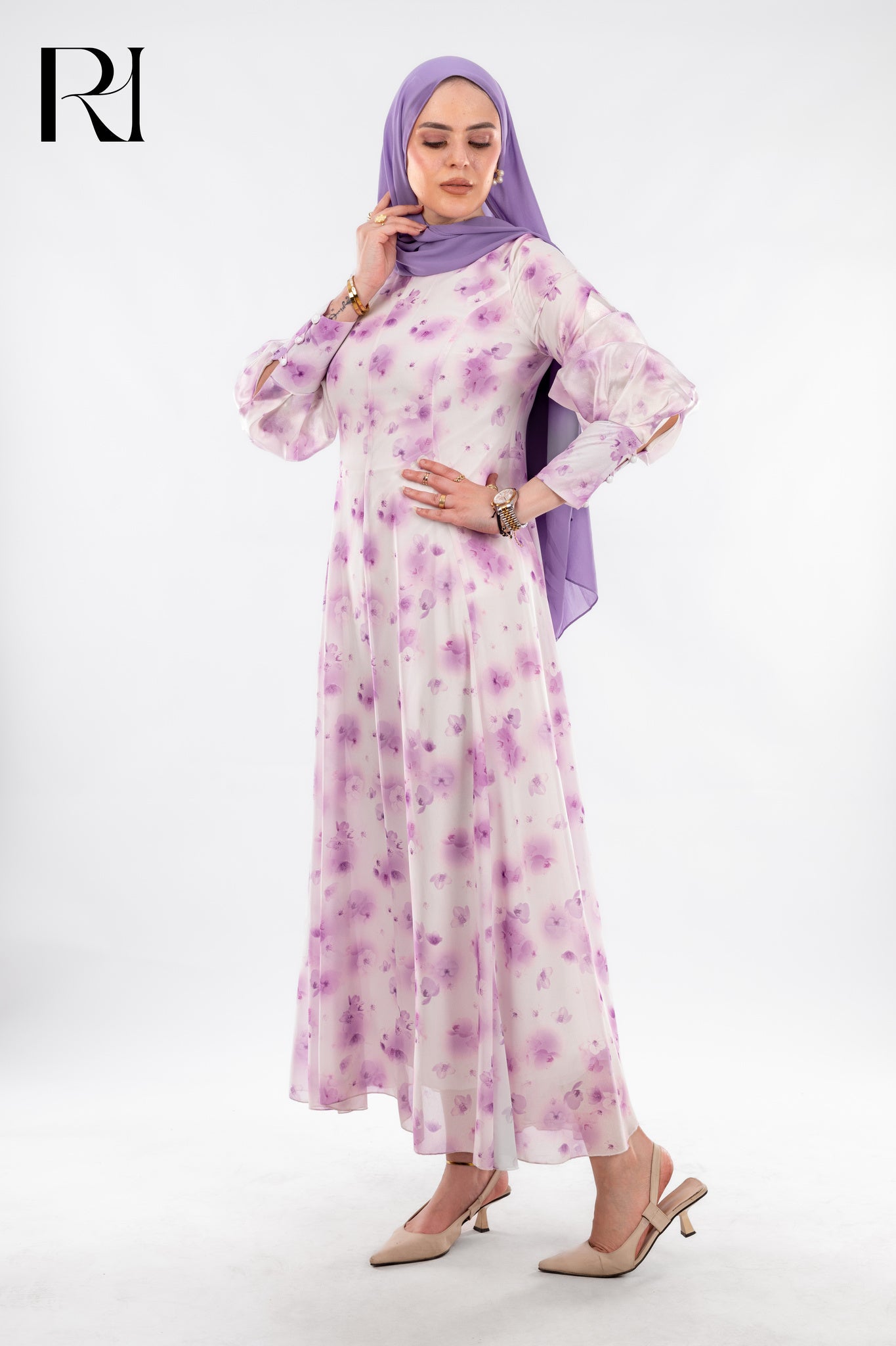 Fatima Floral Chiffon Maxi Dress with High Neck - Ruehaya
