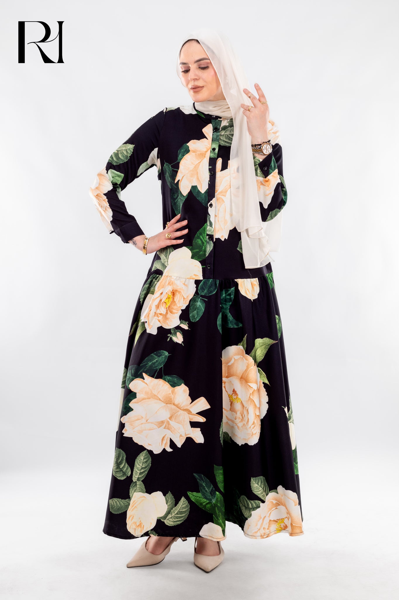 Floral Elegance by Rue Haya – Modest Black Maxi Dress with Blooming Print - Ruehaya