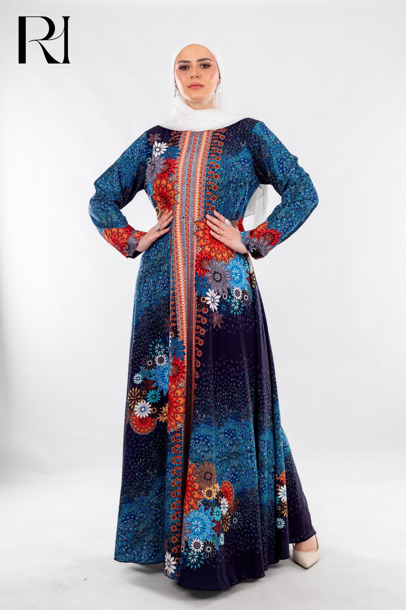 Floral Mosaic Maxi in Midnight Blue & Fiery Accents - Ruehaya