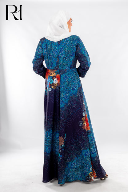 Floral Mosaic Maxi in Midnight Blue & Fiery Accents - Ruehaya