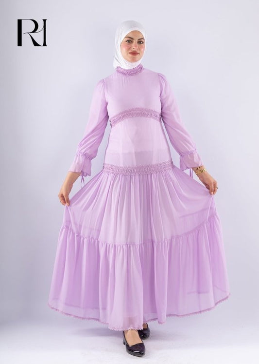 Flowing Mauve Maxi Dress with Lace Cuffs - Ruehaya