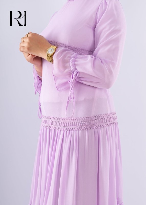 Flowing Mauve Maxi Dress with Lace Cuffs - Ruehaya