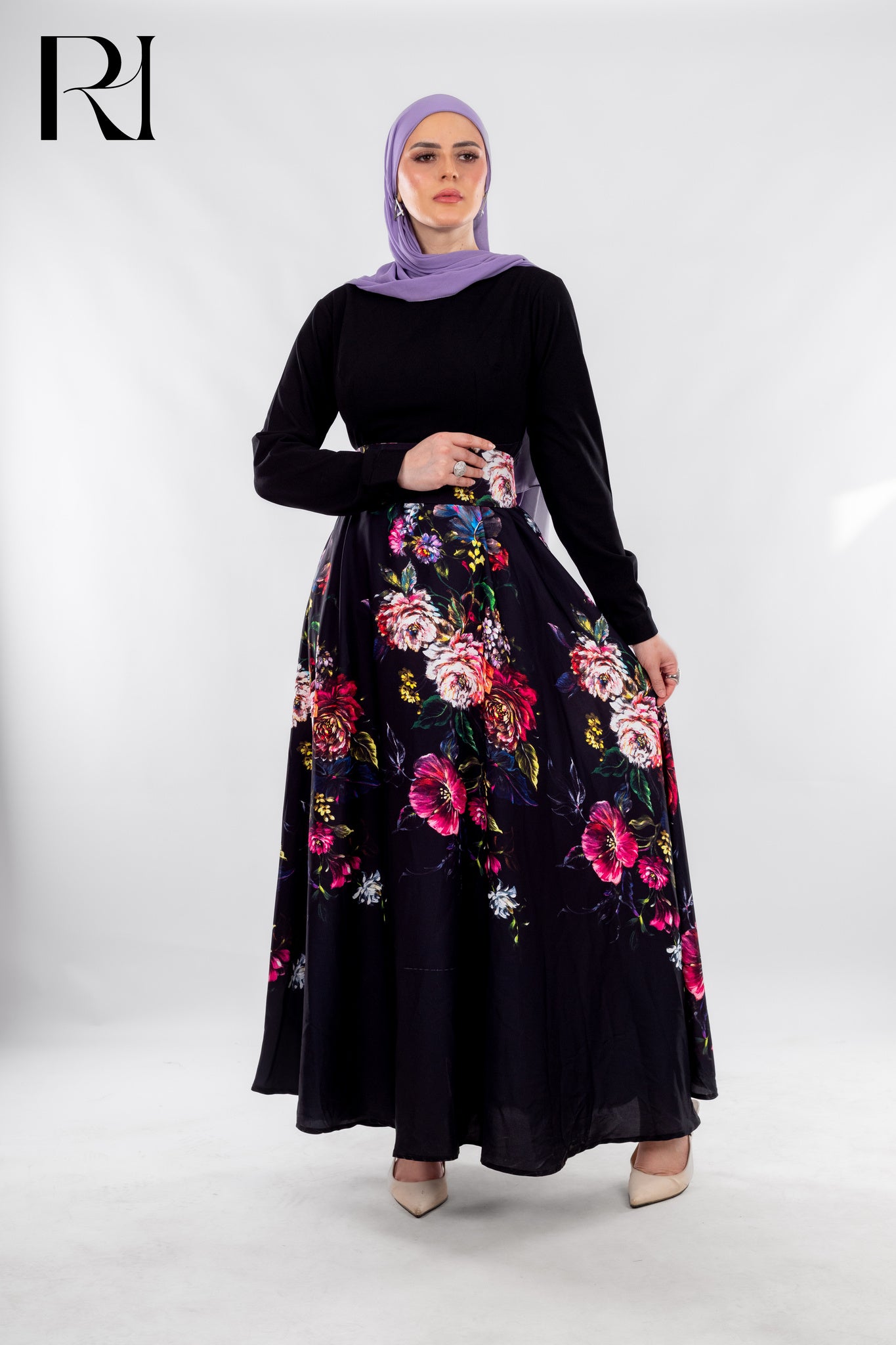 Garden After Dark, Black Ensemble with Bold Floral Elegance - Ruehaya