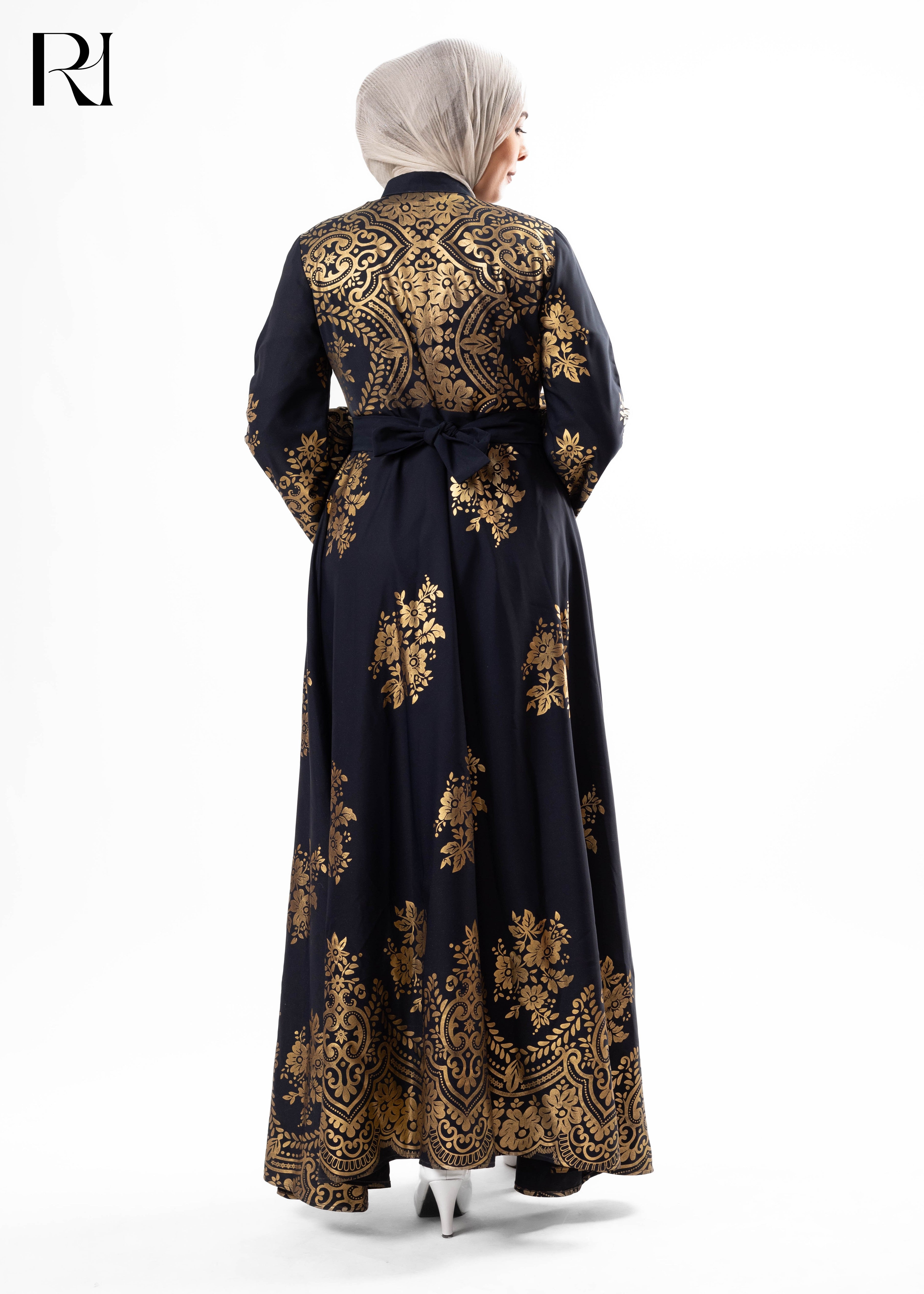 Dark Slate Blue with Gold Arabesque Button-Front Dress