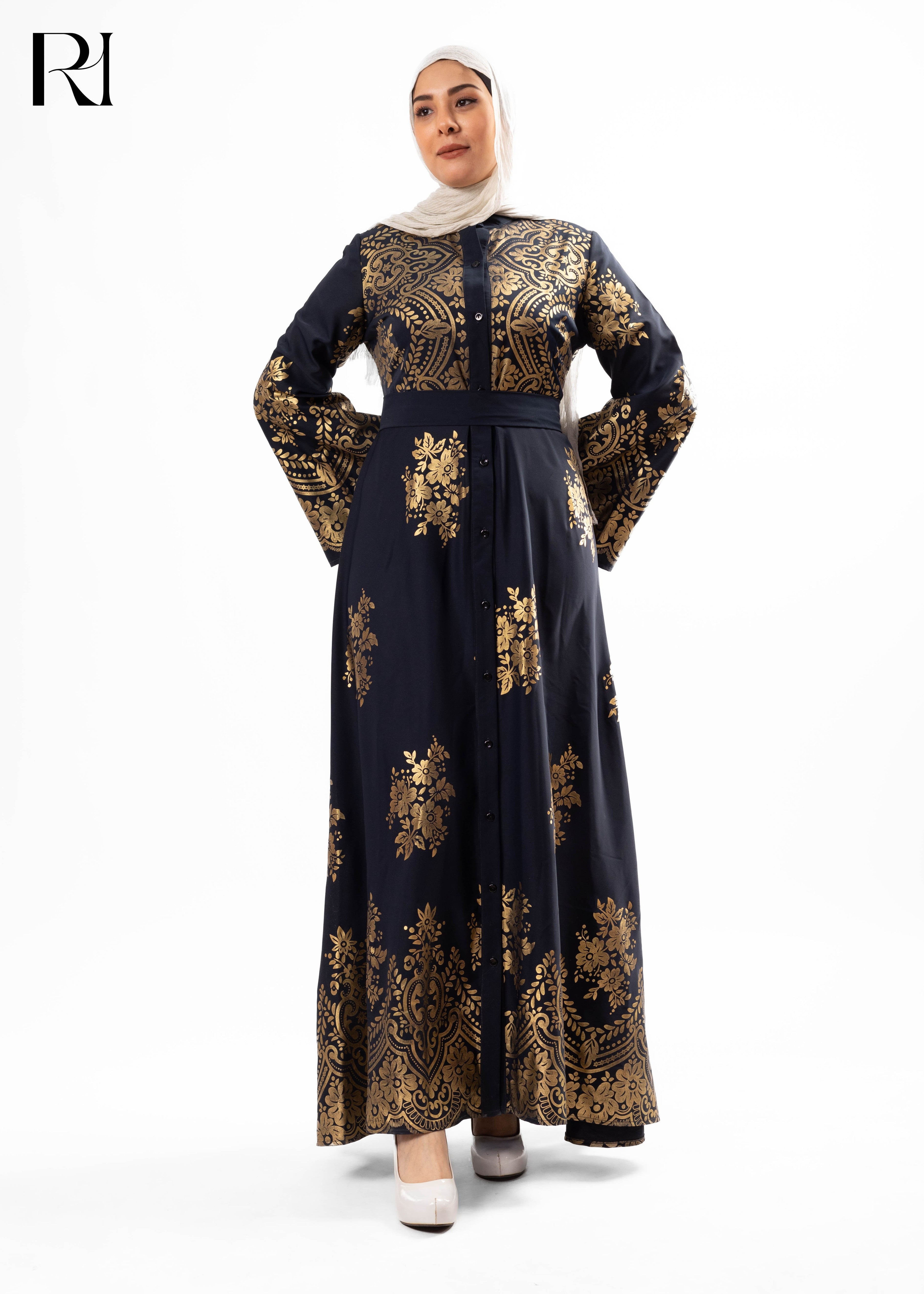 Dark Slate Blue with Gold Arabesque Button-Front Dress