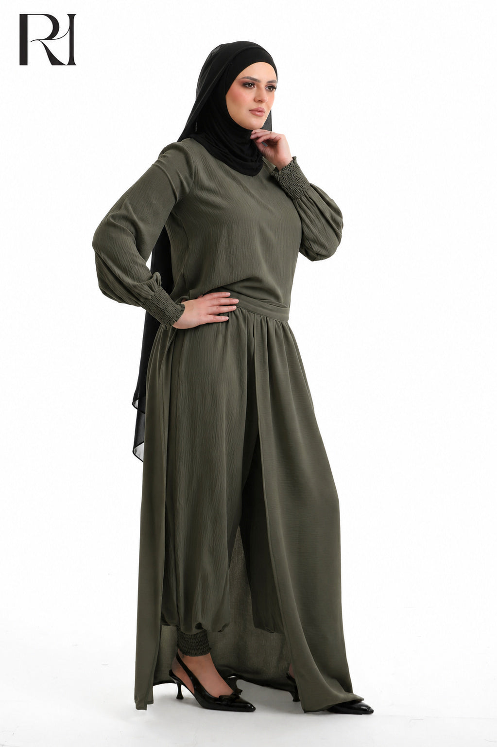 Salma Linen Blend Two Piece Set - Olive Green