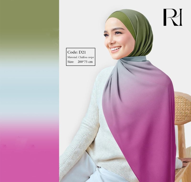 Gradient Green & Mauve Chiffon Crepe Hijab - Ruehaya