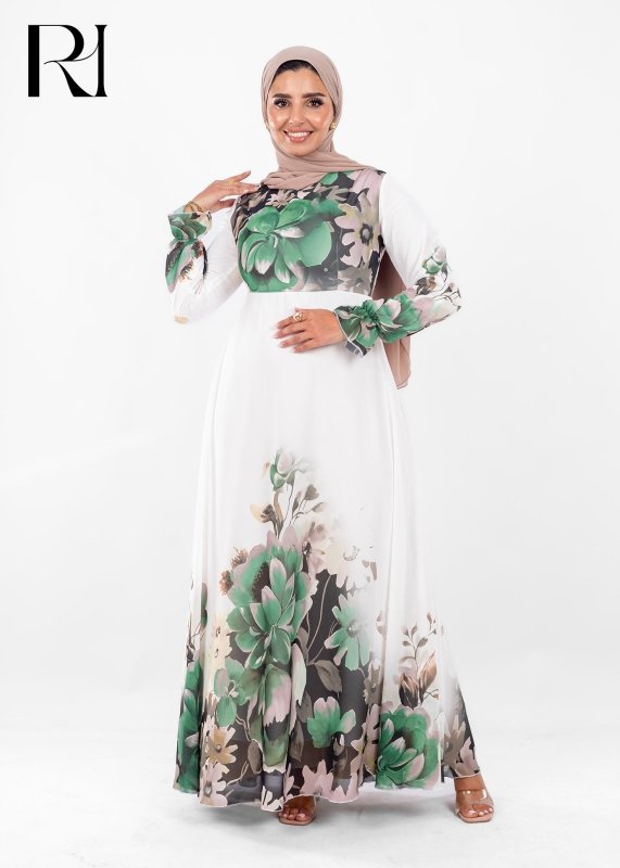 Green Floral Chiffon Modest Maxi Dress - Ruehaya