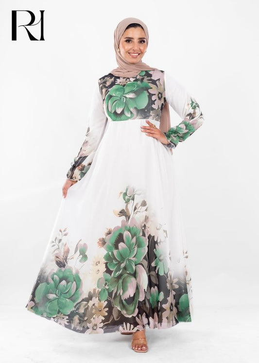 Green Floral Chiffon Modest Maxi Dress - Ruehaya
