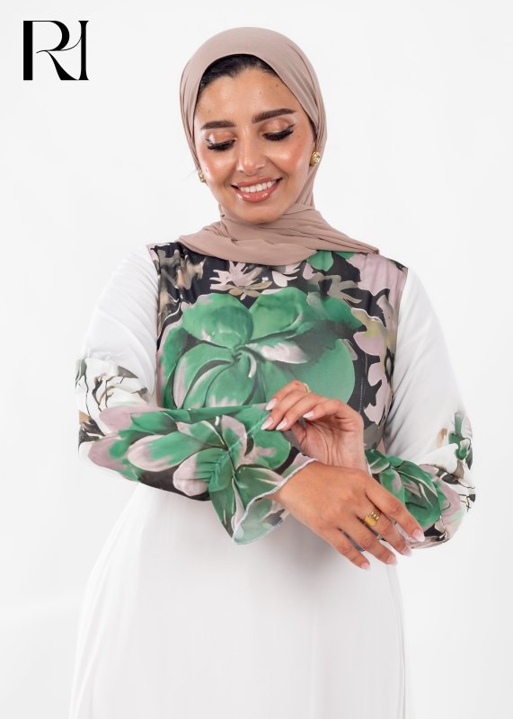 Green Floral Chiffon Modest Maxi Dress - Ruehaya