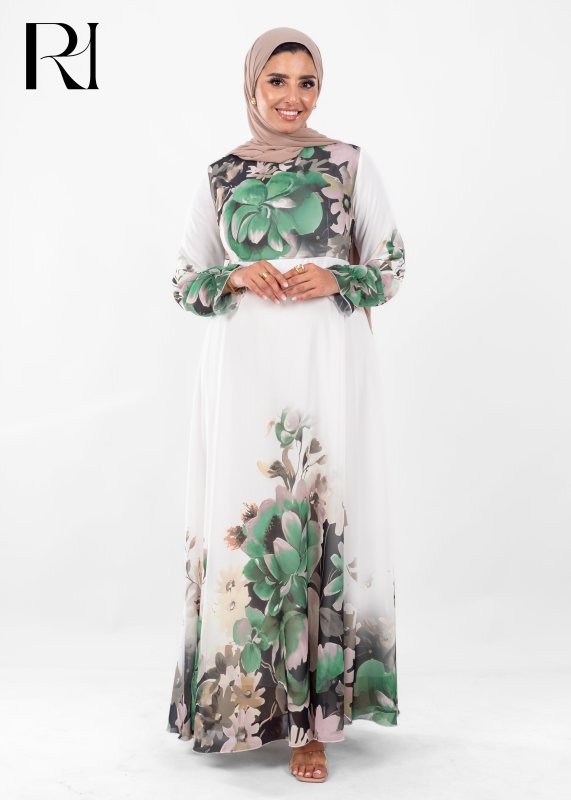 Green Floral Chiffon Modest Maxi Dress - Ruehaya