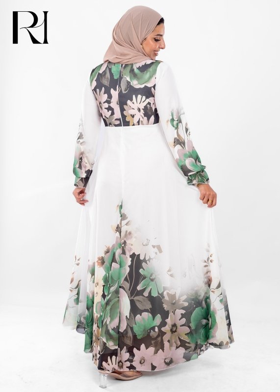 Green Floral Chiffon Modest Maxi Dress - Ruehaya